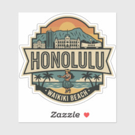 Pegatina Honolulu Hawaii Skyline Beach Travel Badge