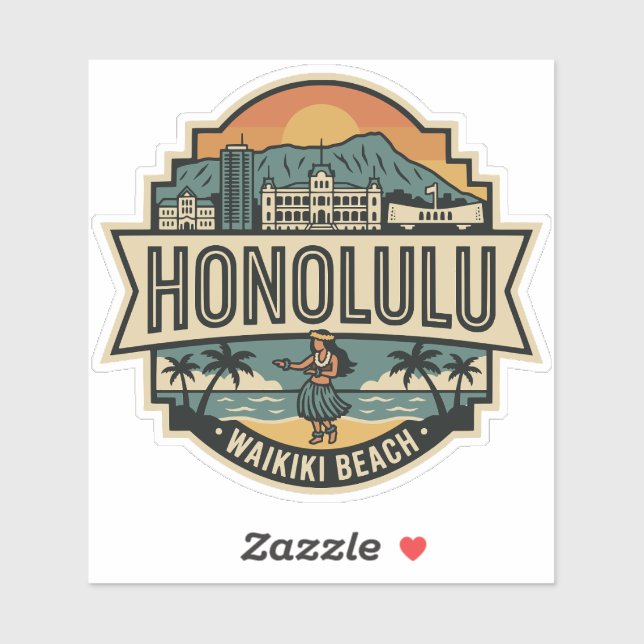 Pegatina Honolulu Hawaii Skyline Beach Travel Badge (Hoja)