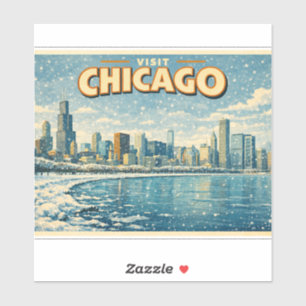 Pegatina horizonte de Chicago y lago Michigan en invierno
