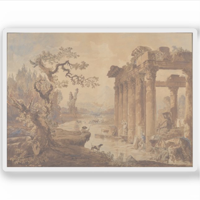 Pegatina Hubert Robert - Paisaje con ruinas (Anverso)