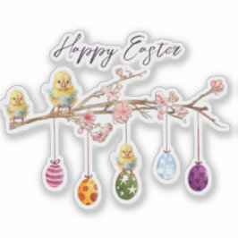 Pegatina Huevos de Pascua en rama de flores Feliz Pascua