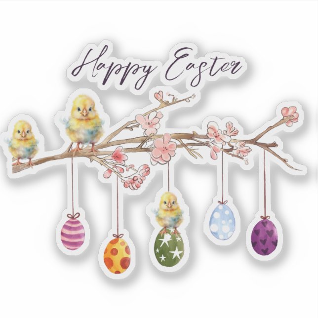 Pegatina Huevos de Pascua en rama de flores Feliz Pascua (Anverso)