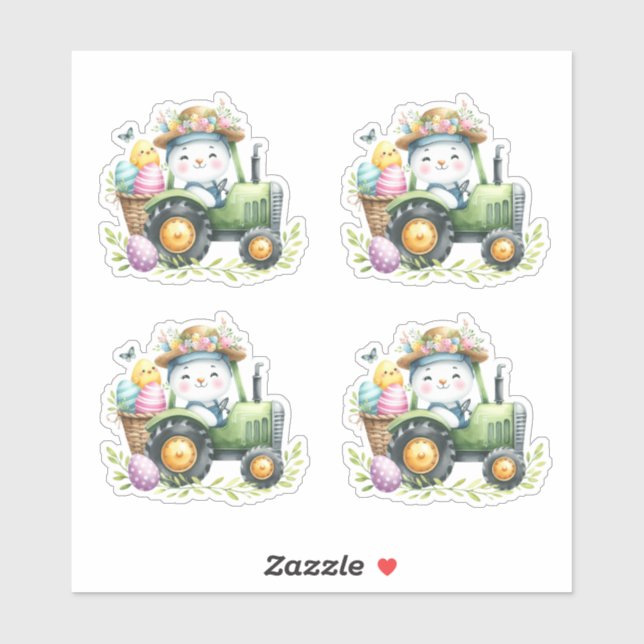 Pegatina Huevos de Tractor de Conejo Verde de Pascua (Hoja)