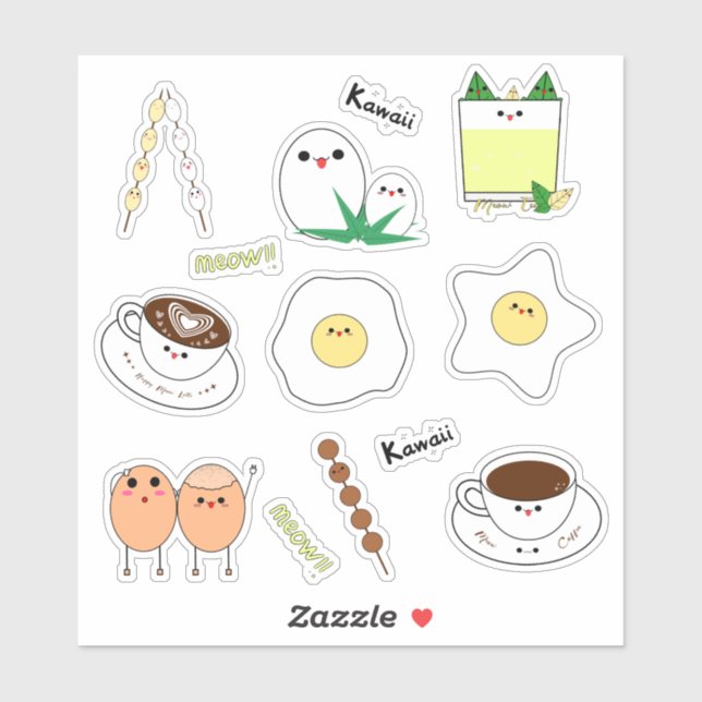 Pegatina Huevos Kawaii y café (Hoja)