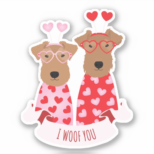 Pegatina i Woof You Valentine Wire Fox Terrier Dogs (Anverso)