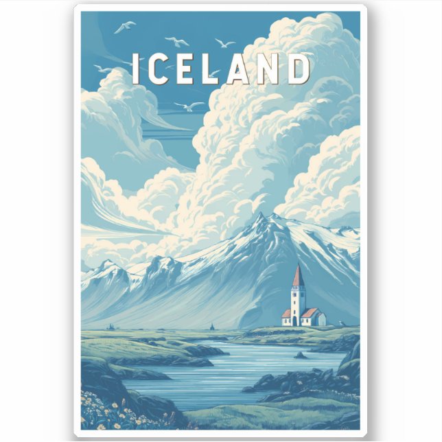 Pegatina Iceland Illustration Travel Art Vintage (Anverso)