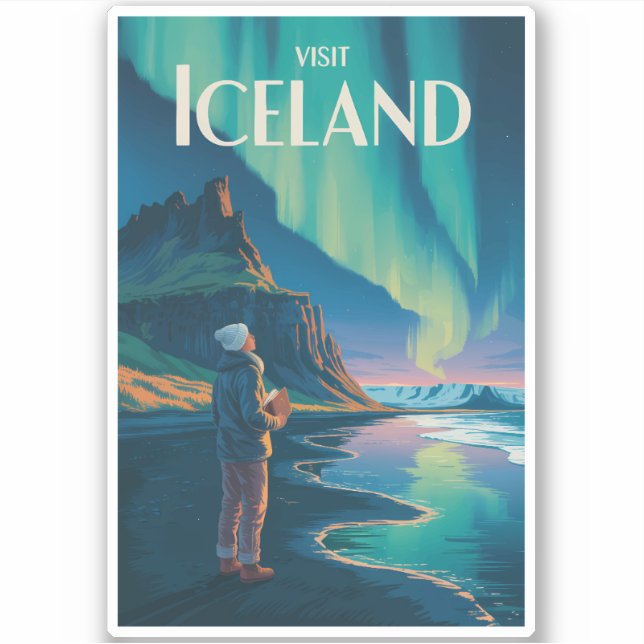 Pegatina Iceland Northern Lights Illustration Travel Art Vi (Anverso)