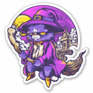 Pegatina Ilustración de bruja con gato gatito volador