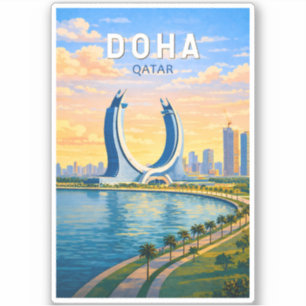 Pegatina Ilustración de Doha Qatar Arte de Viaje Vintage