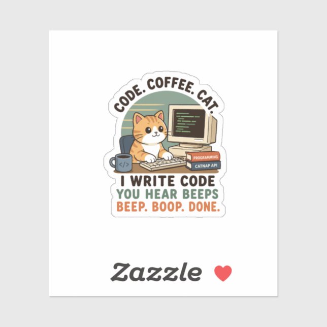 Pegatina Ilustración de humor de programador de gato de caf (Hoja)