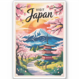 Pegatina Ilustración de Japón Monte Fuji Arte de Viaje Vint