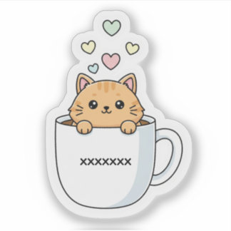 Pegatina Ilustración de Kawaii Cat & Coffee Hearts