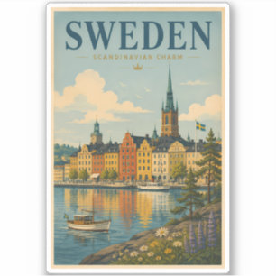 Pegatina Ilustración de paisaje de Suecia Arte de viaje vin