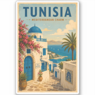 Pegatina Ilustración de paisaje de Túnez Arte de viaje vint