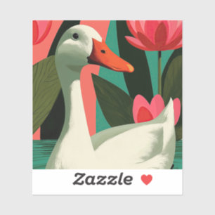 Pegatina Ilustración de pato blanco en estanque de loto ros
