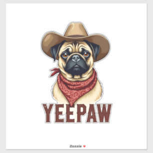 Pegatina Ilustración de perro occidental YeePaw Pug vaquero