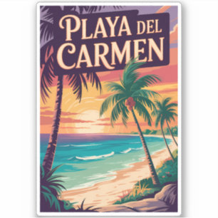 Pegatina Ilustración de Playa del Carmen Arte de Viaje Vint