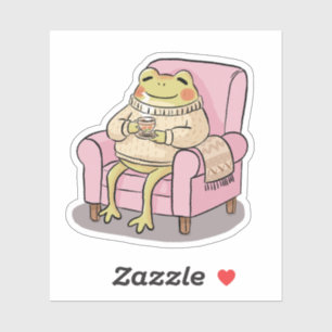 Pegatina Ilustración de rana acogedora bebiendo té en el so