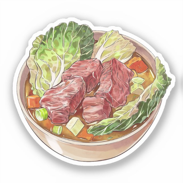Pegatina Ilustracion de sopa de carne y col (Anverso)