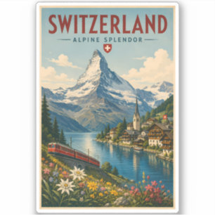 Pegatina Ilustración de Suiza Viajes Arte Vintage