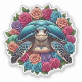 Pegatina Ilustracion de tortuga colorida rodeado de Rosas