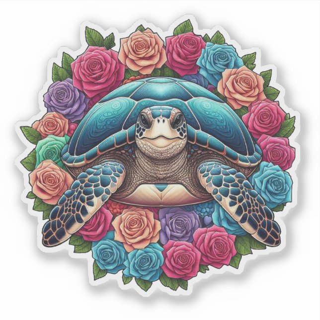 Pegatina Ilustracion de tortuga colorida rodeado de Rosas (Anverso)