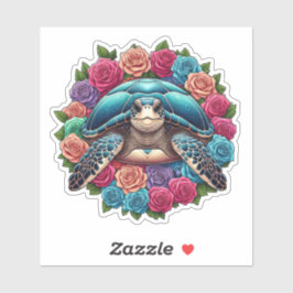 Pegatina Ilustracion de tortuga colorida rodeado de Rosas