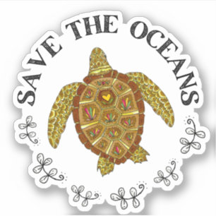 Pegatina Ilustración de Tortuga Marina Salva los Océanos