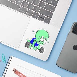 Pegatina Ilustracion De Un Triceratops Levantando Pesos.