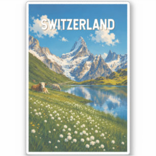 Pegatina Ilustración de vaca de Suiza Arte de viaje retro