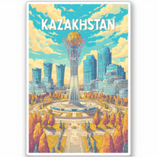 Pegatina Ilustración de viaje de arte vintage de Kazajistán