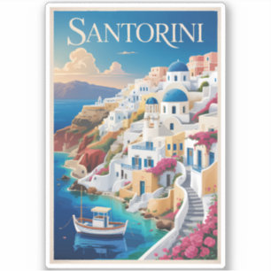 Pegatina Ilustración de viaje de arte vintage de Santorini 