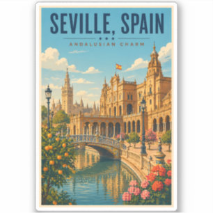 Pegatina Ilustración de viaje de arte vintage Sevilla Españ