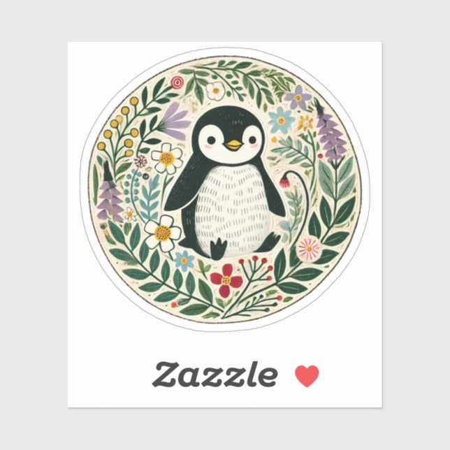 Pegatina Ilustracion de Wildflower Penguin Lovers (Hoja)