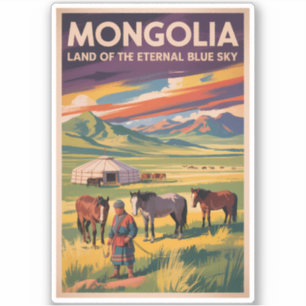 Pegatina Ilustración de yurtas de caballos de Mongolia Arte
