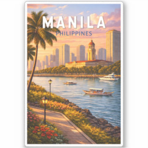 Pegatina Ilustración del horizonte de Manila Filipinas Arte