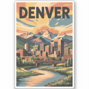 Pegatina Ilustracion Denver Colorado Sunset Travel Art
