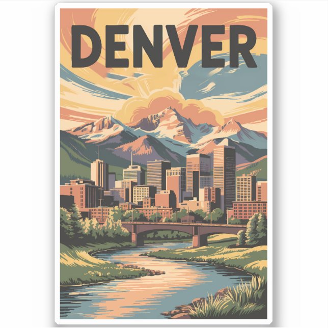 Pegatina Ilustracion Denver Colorado Sunset Travel Art (Anverso)