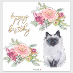 Pegatina Ilustracion gato siamés Fiesta feliz cumpleaños de