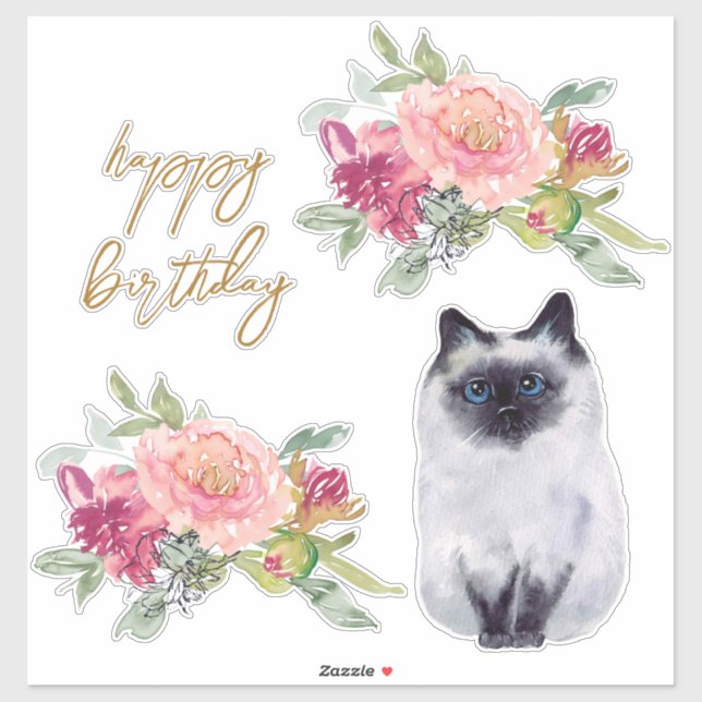Pegatina Ilustracion gato siamés Fiesta feliz cumpleaños de (Hoja)