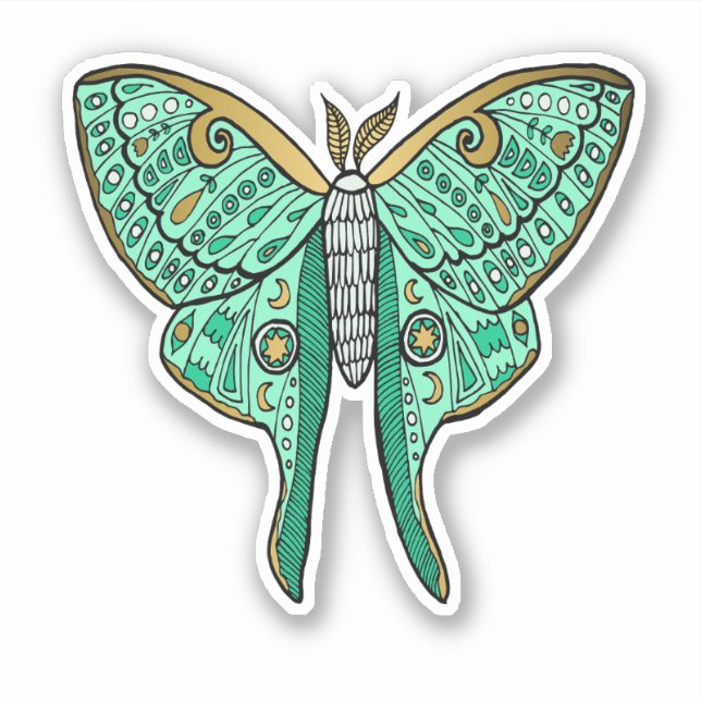 Pegatina Ilustracion Luna Moth - Verde y Oro (Anverso)