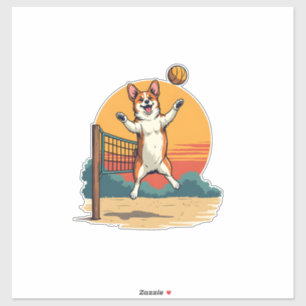Pegatina Ilustración vectorial de voleibol Corgi Vintage Re