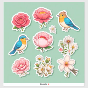 Pegatina Ilustraciones Coloridas de Aves y Flores