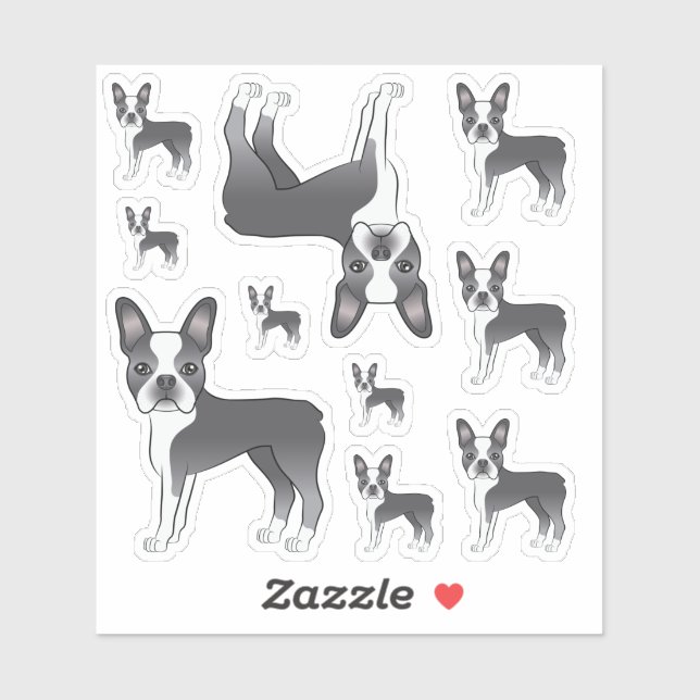 Pegatina Ilustraciones de perro Boston Terrier azul y blanc (Hoja)