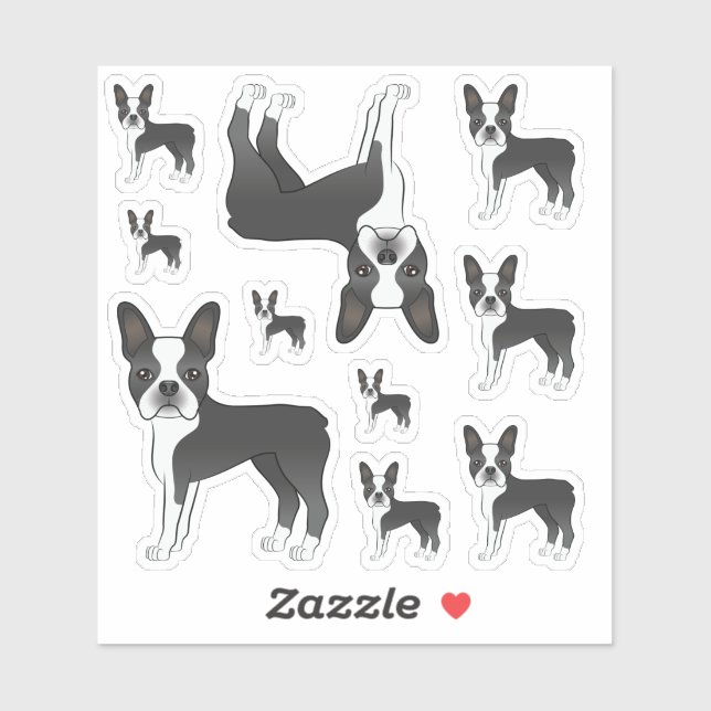 Pegatina Ilustraciones de perro Boston Terrier en blanco y  (Hoja)
