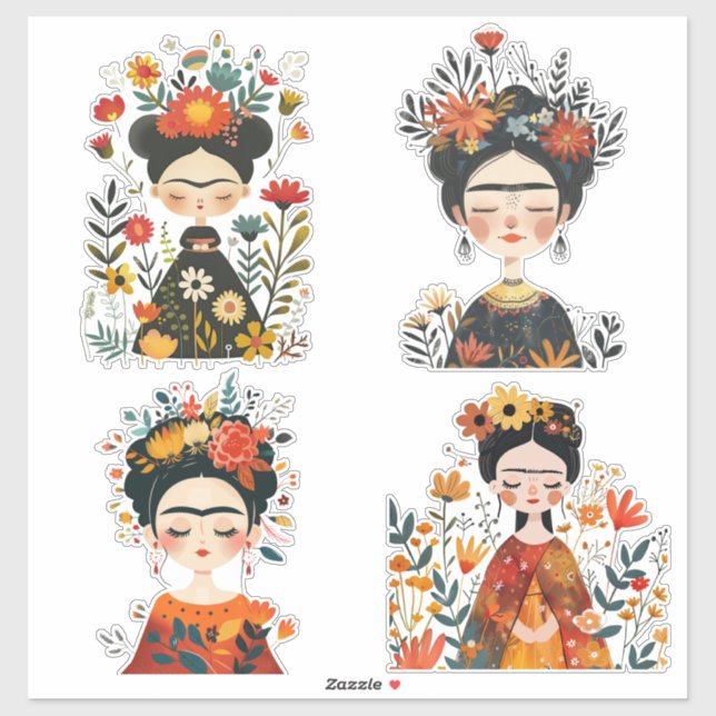 Pegatina Ilustraciones Watercolor Whimsical Frida Kahlo (Hoja)