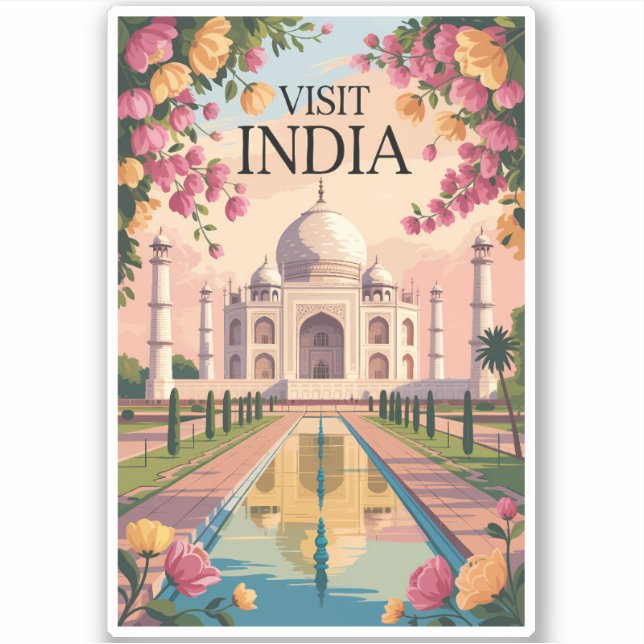 Pegatina India Taj Mahal Illustration Travel Art Vintage (Anverso)