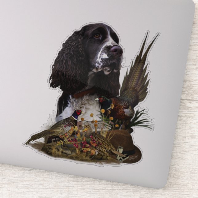 Pegatina Inglés Springer Spaniel con faisán (Detalle)