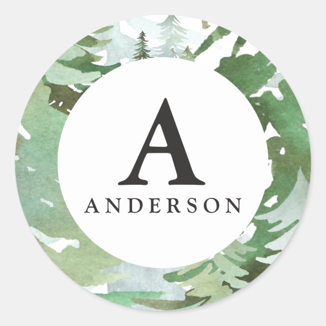 Pegatina inicial de monograma de bosque acuático (Anverso)