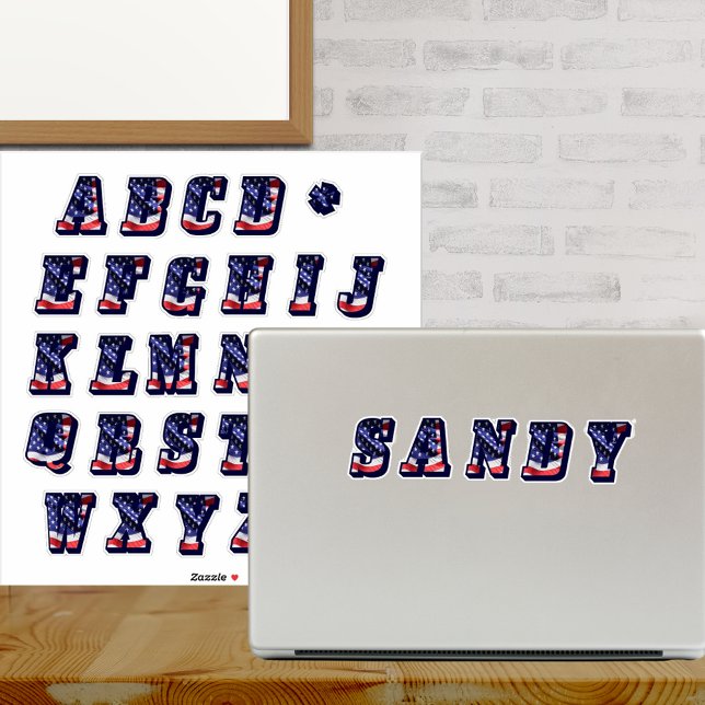 Pegatina Iniciales del Monograma A a Z Bandera Americana US (Monogram A to Z American Flag USA Letters Initials Stickers)